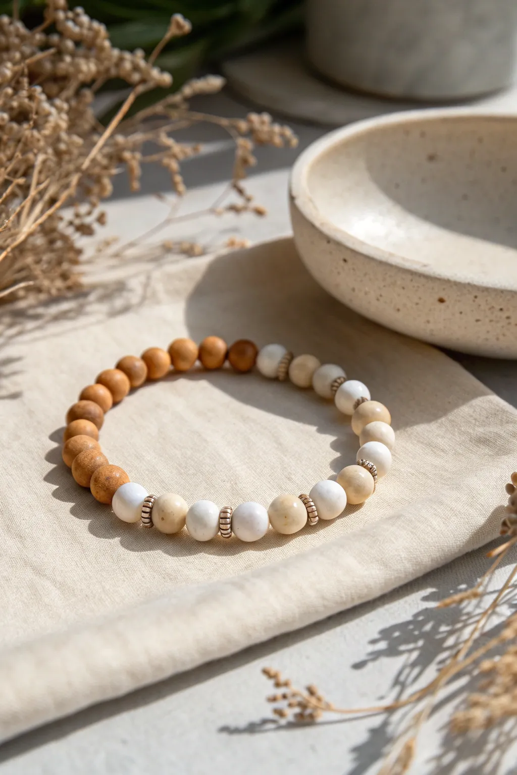 Warm sand clay beads with milky white accents for an airy, beachy neutral bracelet look