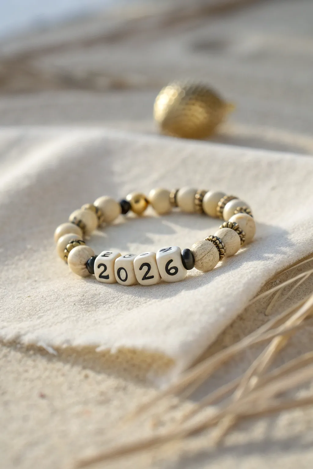 Wear the year with a simple clay bead bracelet featuring number beads and chic black-gold accents.