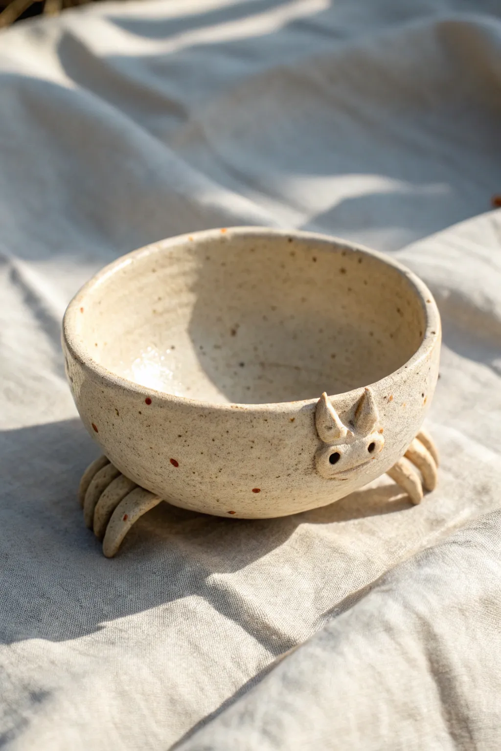 Cute crab pinch pot buddy in soft seafoam glaze, a simple ocean-inspired clay project.
