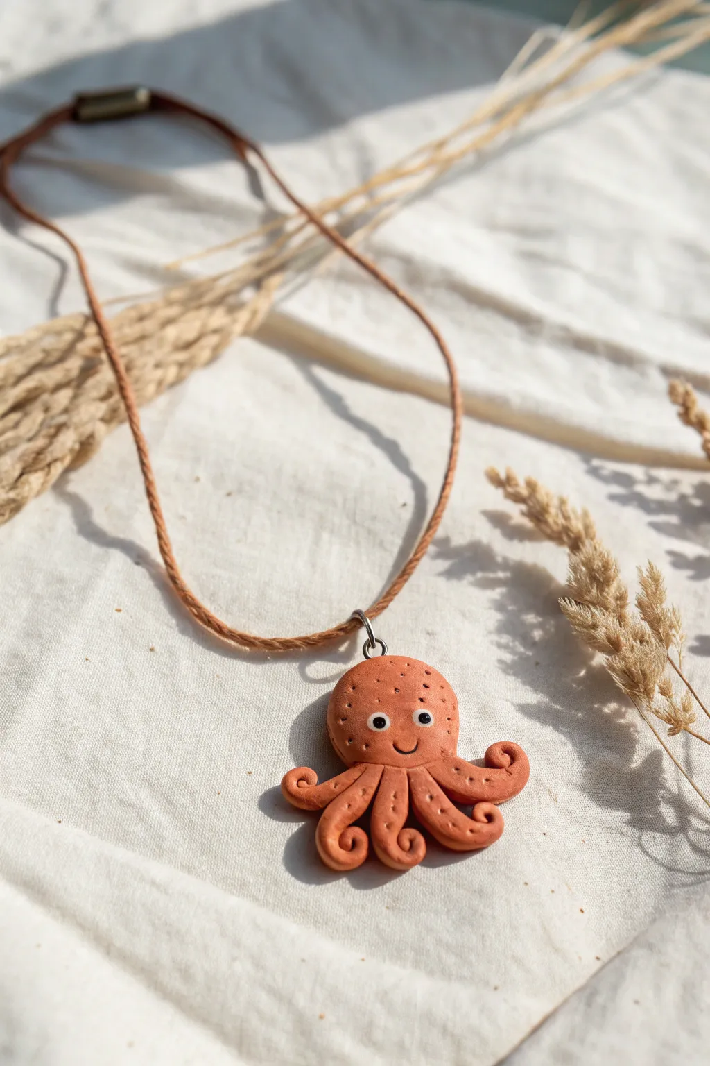 Minimalist handmade octopus clay pendant necklace on natural cord, soft Scandinavian styling.