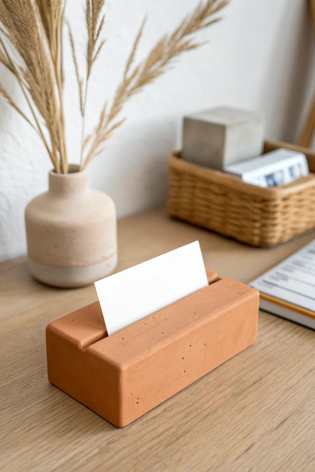 Minimal one color clay photo holder block for modern desks, Scandinavian calm with boho warmth.