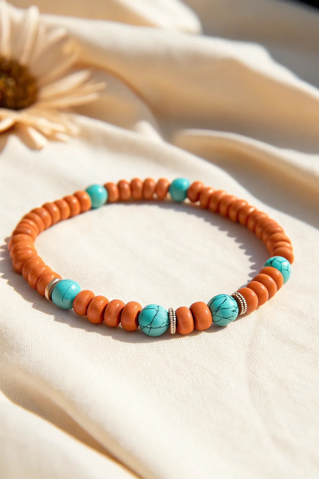 Sunny orange clay beads paired with turquoise discs for a crisp, modern summer contrast