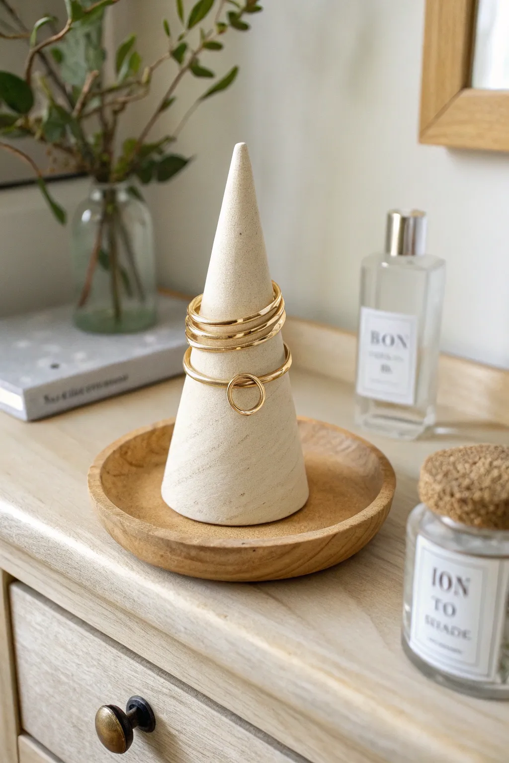 Minimal satin ring cone organizer, a chic oven-bake clay idea for tidy, beautiful storage.