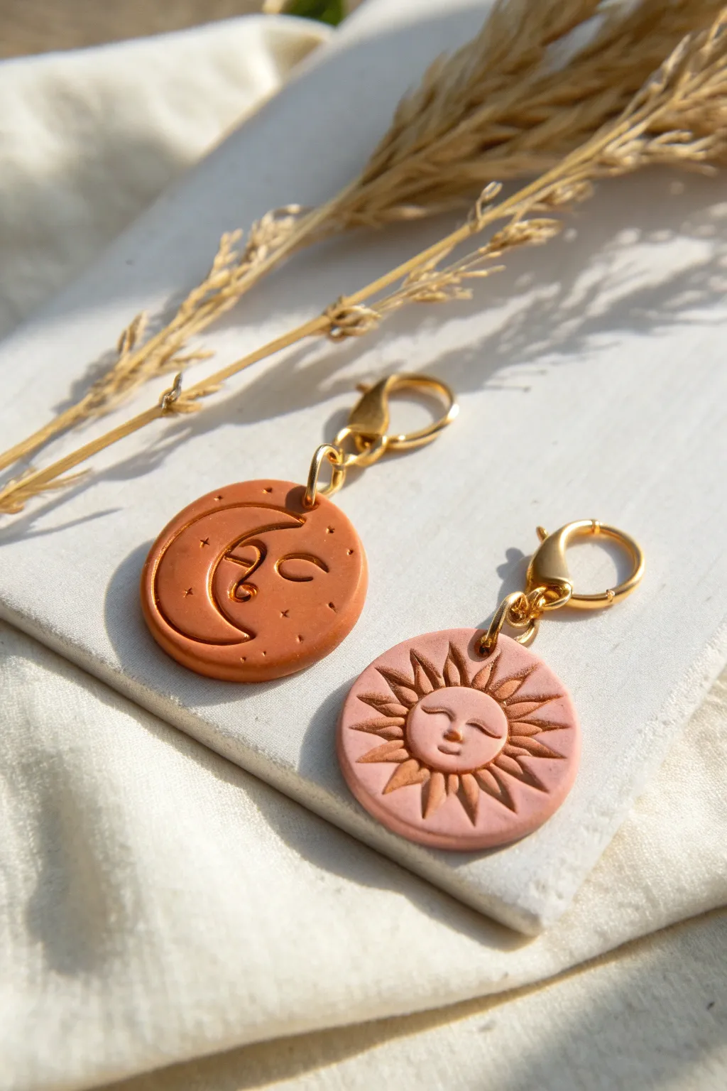 Sweet sun and moon best-friend charms in oven-bake clay, simple, cute, and kid-friendly to make