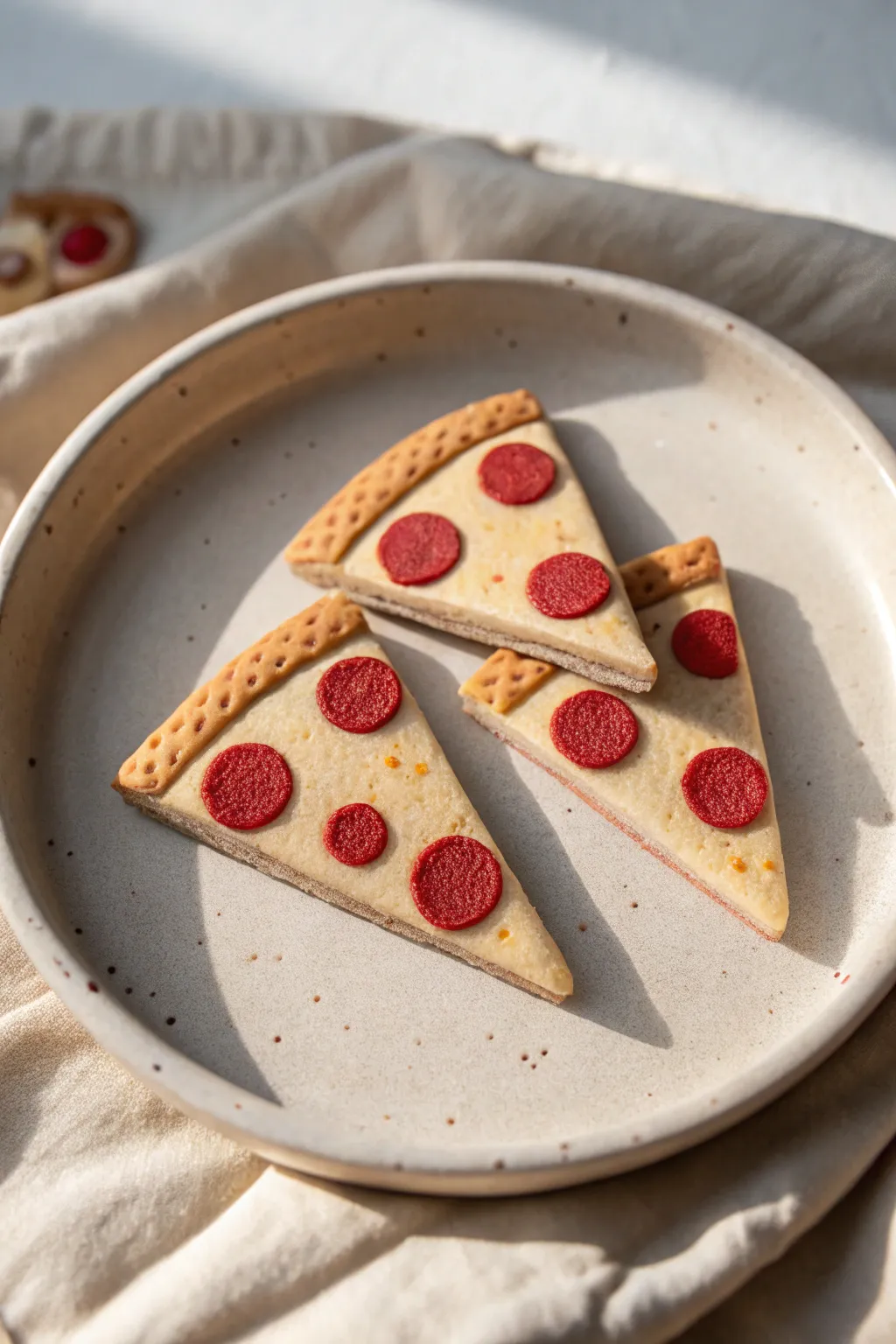 Cute mini pizza slice clay magnets with textured crust, perfect oven bake clay inspiration.