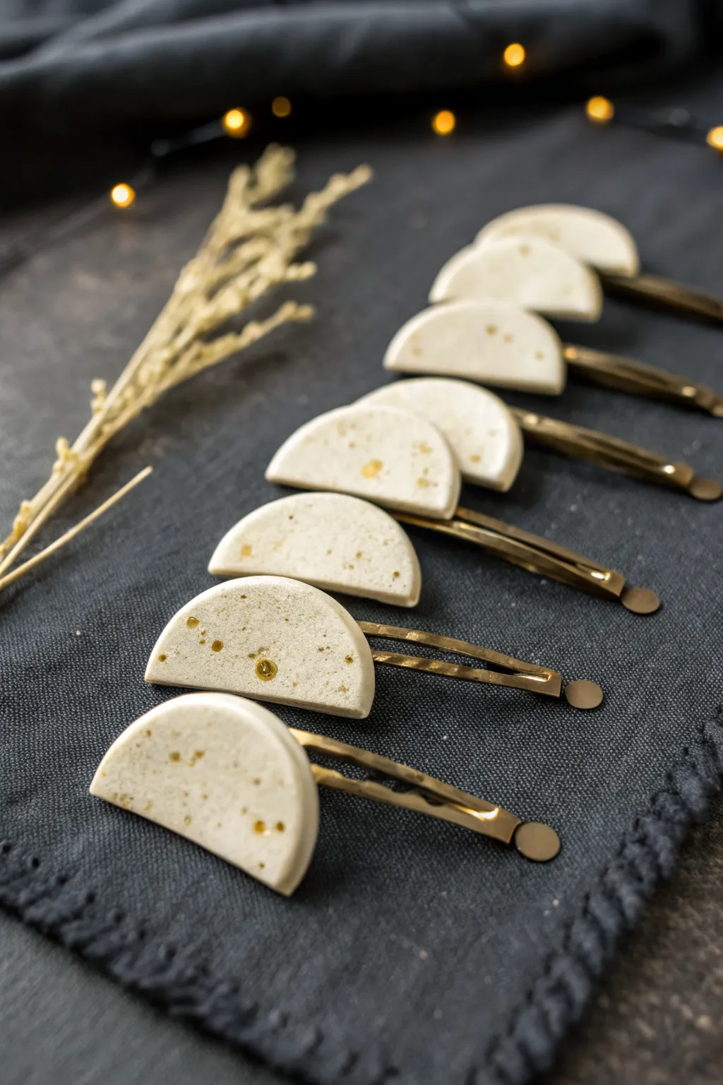 DIY moon phase polymer clay hair clips in minimalist boho style, ready to wear and gift.