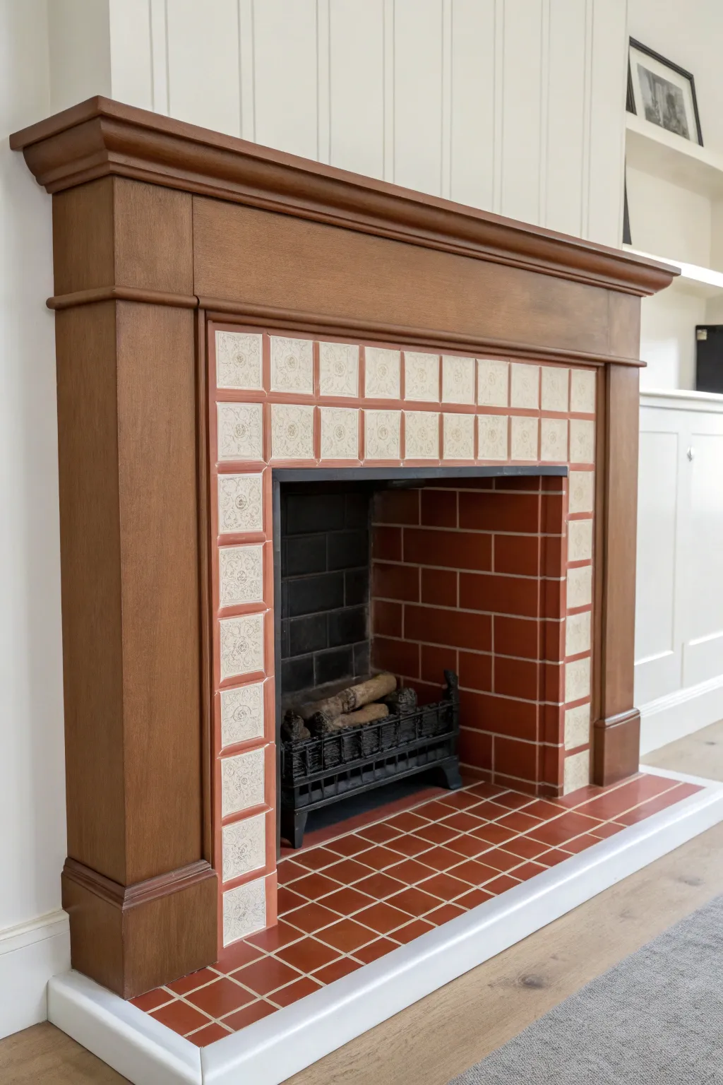 Simple two-tone painted tile border that frames the firebox for a crisp, modern hearth.