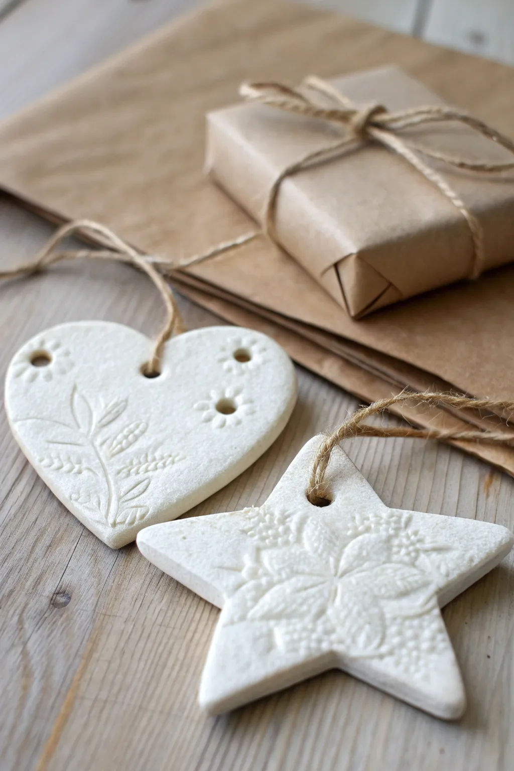Minimal paper clay heart and star gift tags with pressed texture, ready to tie on parcels