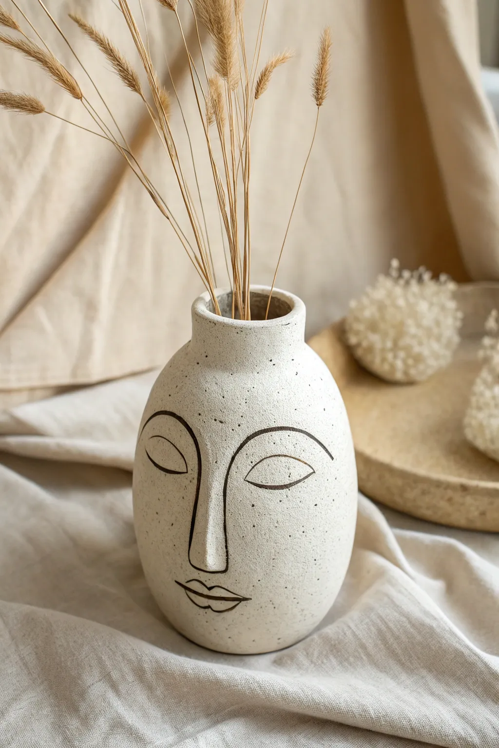 Minimal paper clay face vase in matte off-white, styled with dried stems for calm boho decor
