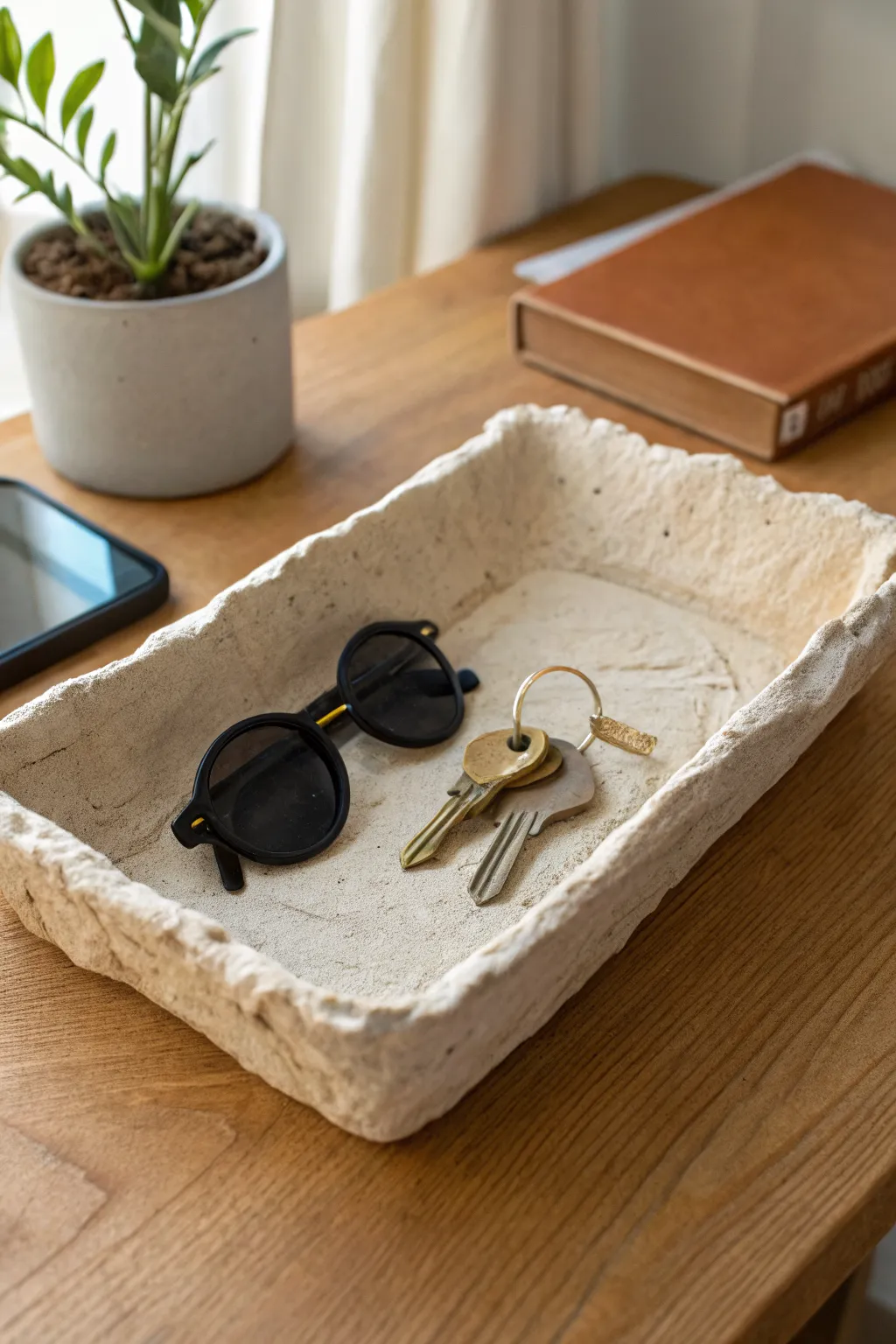 Minimal paper mache clay catchall tray with textured rim, styled with keys and sunglasses