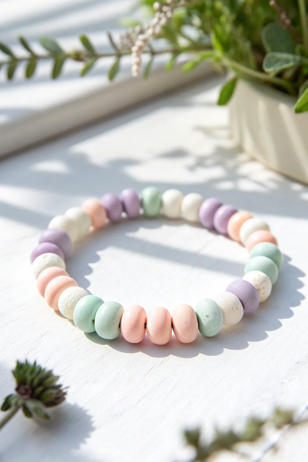 Pastel clay beads split by matte white spacers for a clean, modern bracelet with crisp contrast.