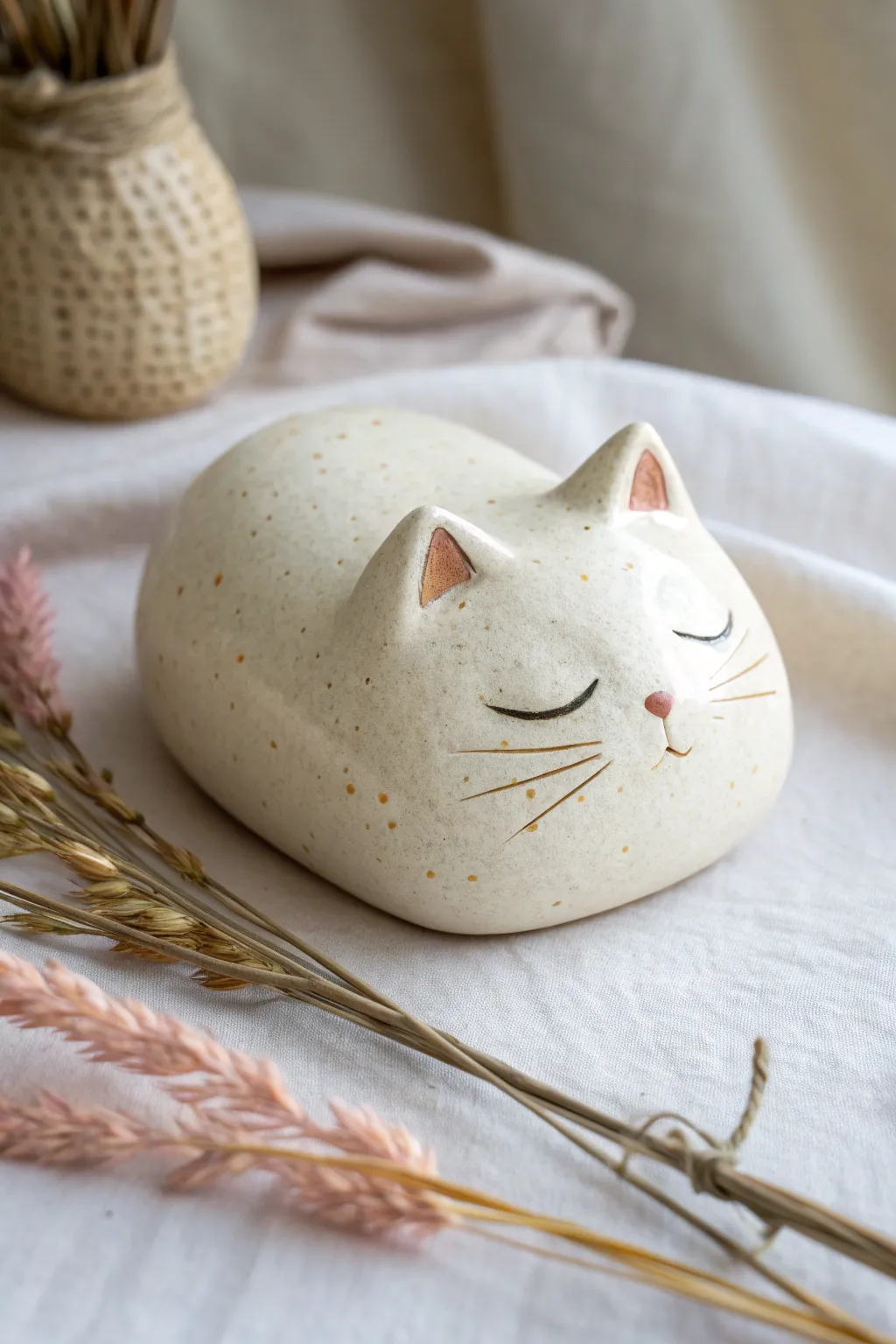 Sleepy cat loaf clay whistle with hidden window, minimal lines, soft matte finish and cozy vibe