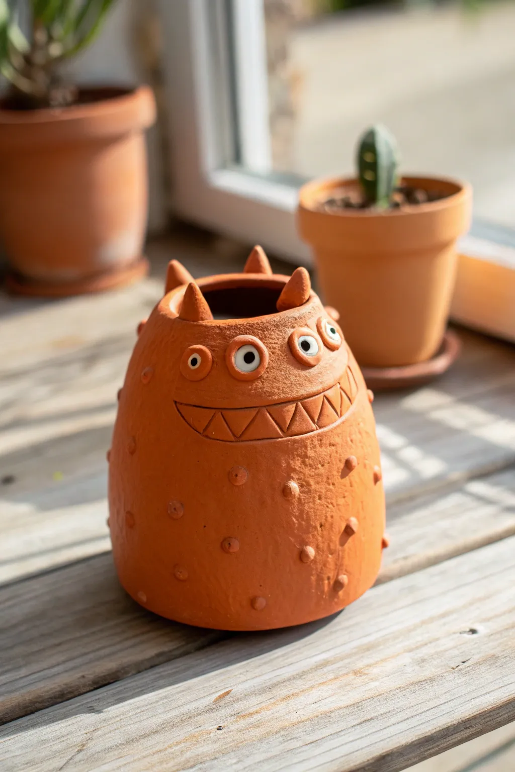 Warm orange pinch pot monster with five quirky eyes and tiny fangs in a calm minimalist scene