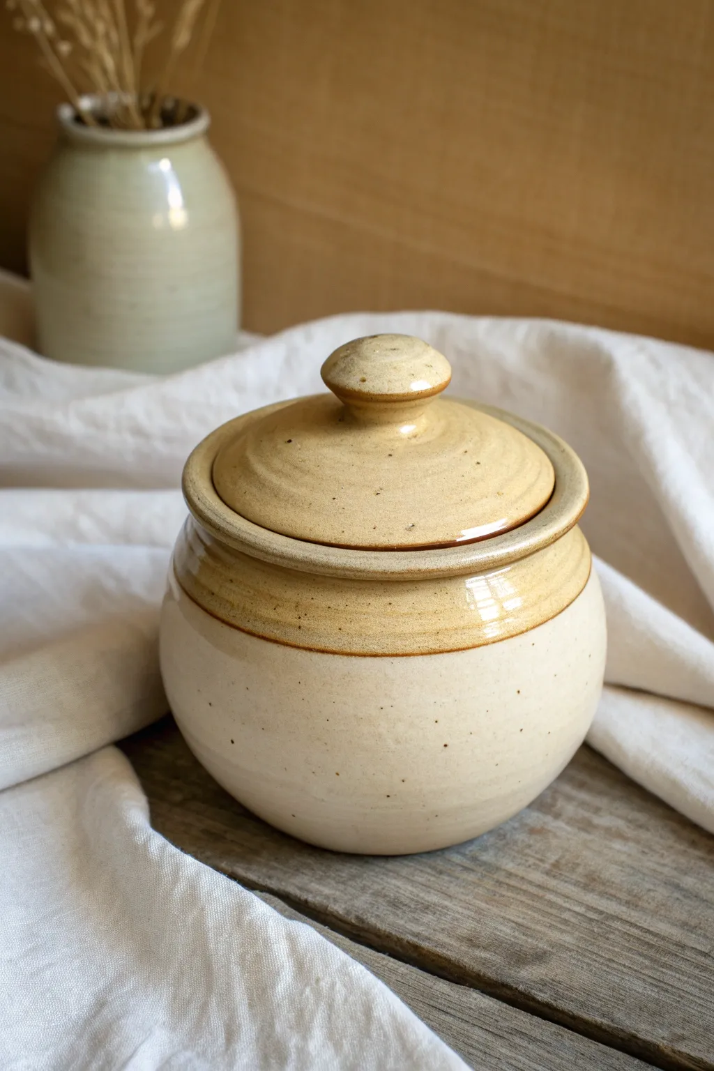 A plump pinch-pot jar made from two joined forms, finished with a soft matte body and glossy rim.