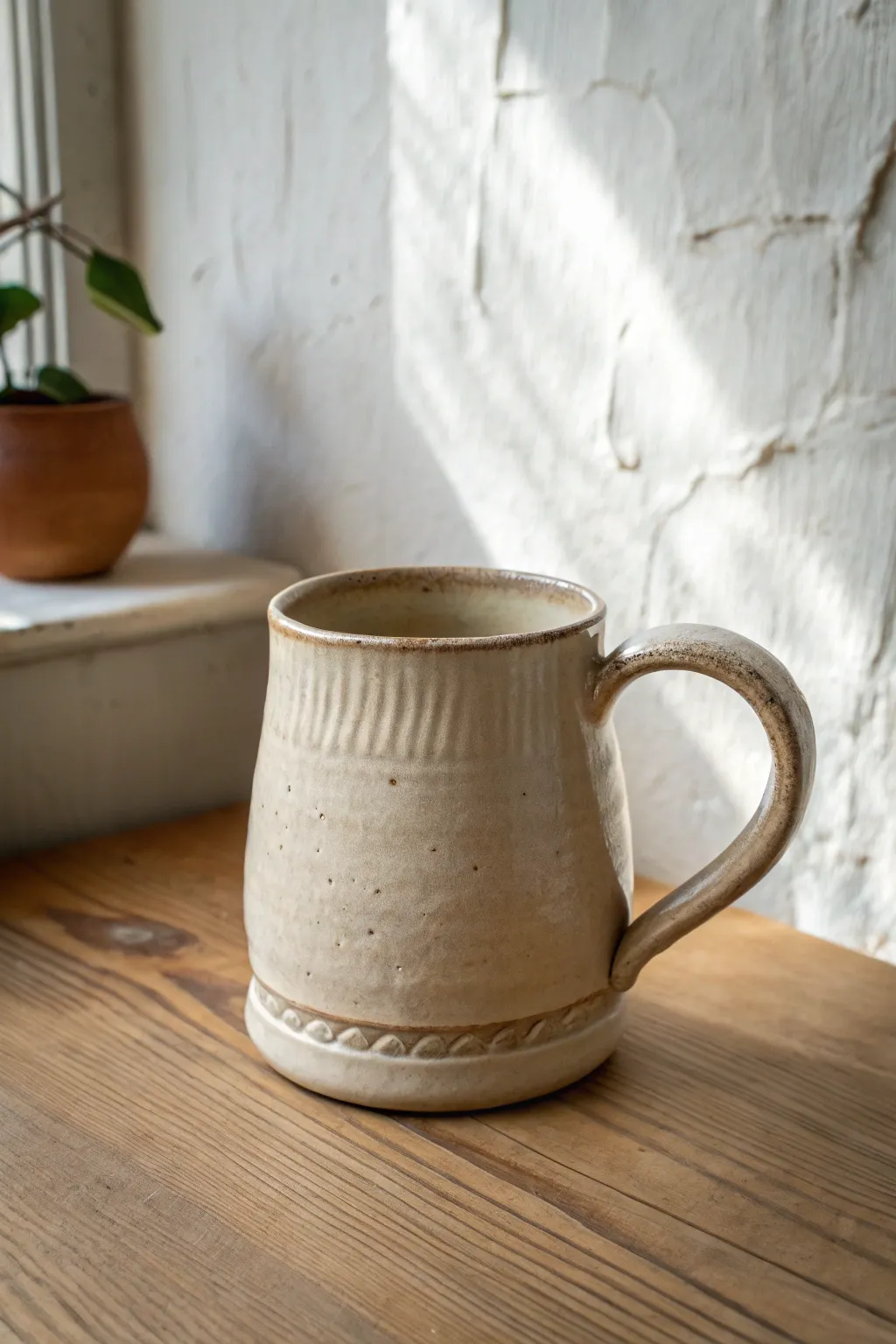 Chunky tankard pinch pot mug with wide base and thick handle in calming neutral glaze.