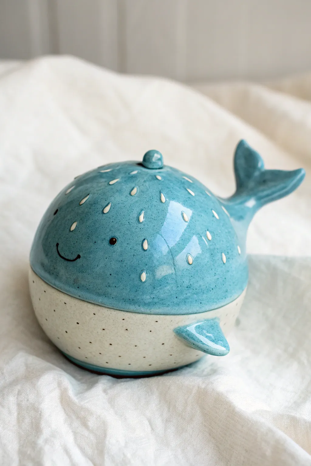 Sweet baby whale pinch pot rattle in glossy ocean blues, minimalist and handmade charm