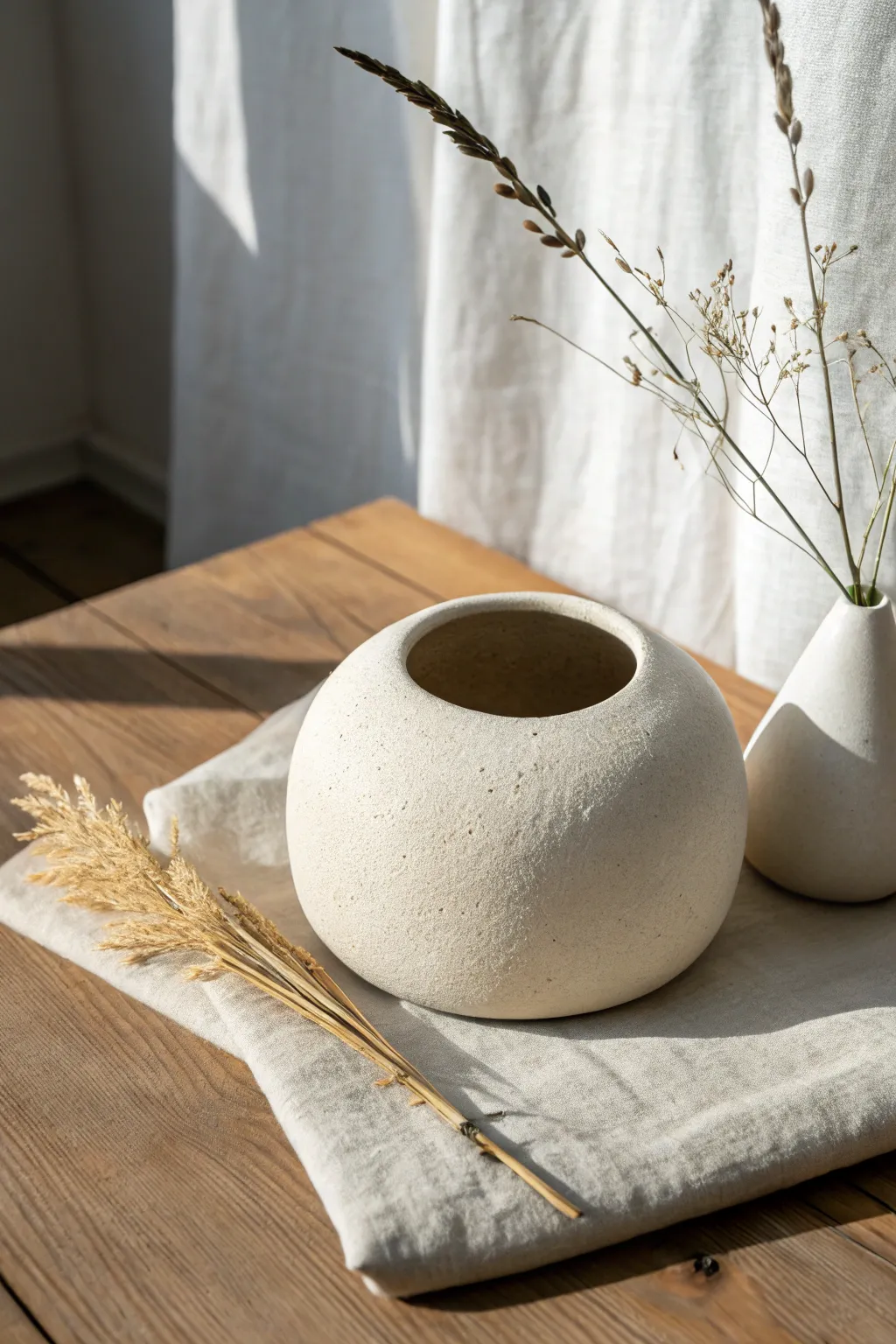 Soft oval pinch pot vase with one stem and a crisp shadow to highlight its gentle shape