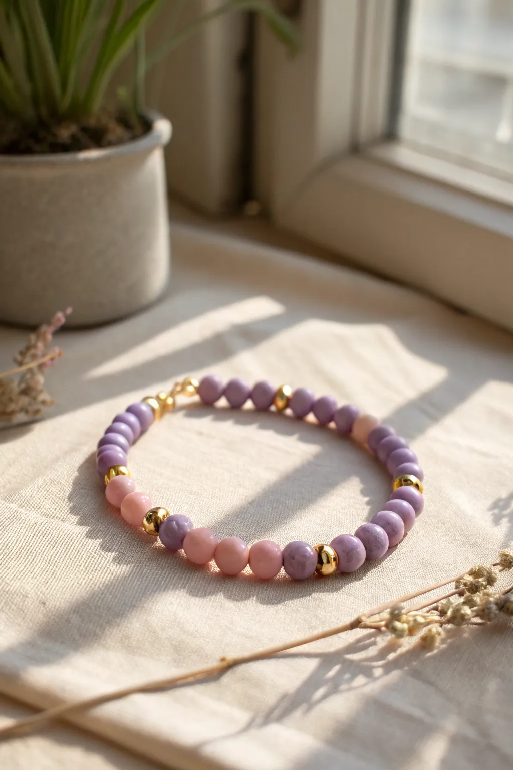 Pink and purple clay bead bracelet with delicate gold spacers for clean, elegant color breaks.