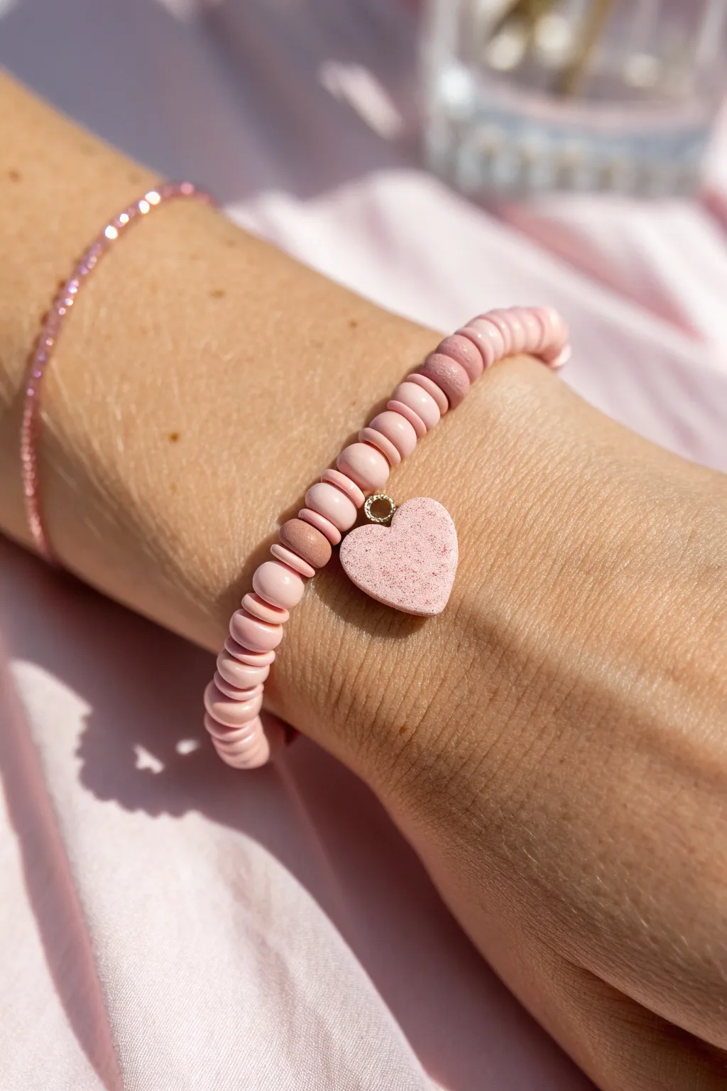 Sweet minimalist pink clay disc bracelet with a heart centerpiece, perfect for soft boho style.