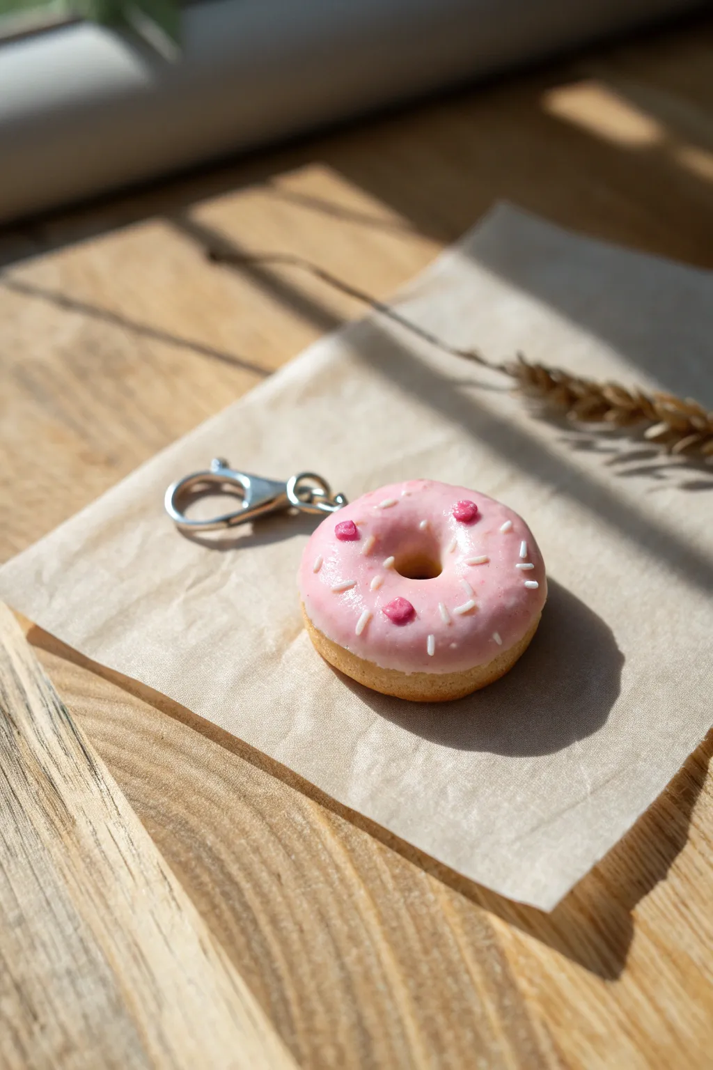 Sweet pink frosted donut charm in polymer clay, minimalist boho styling with crisp contrast