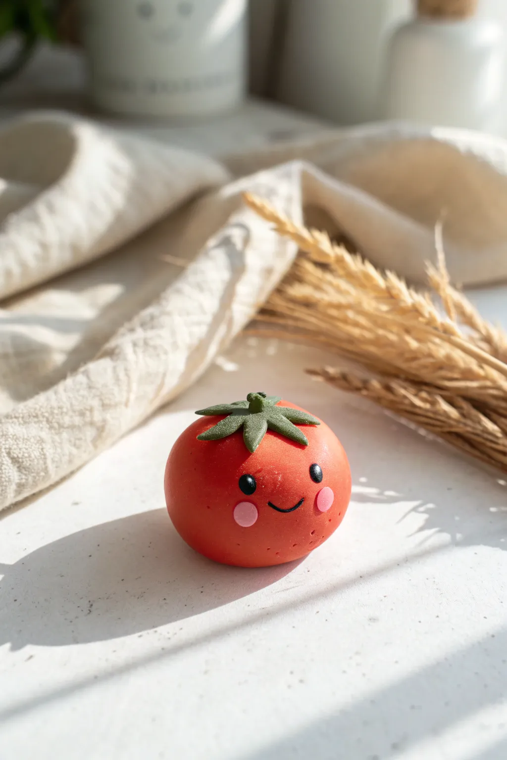 Cute plasticine tomato friend with blush dots, Scandinavian minimal styling and bright contrast