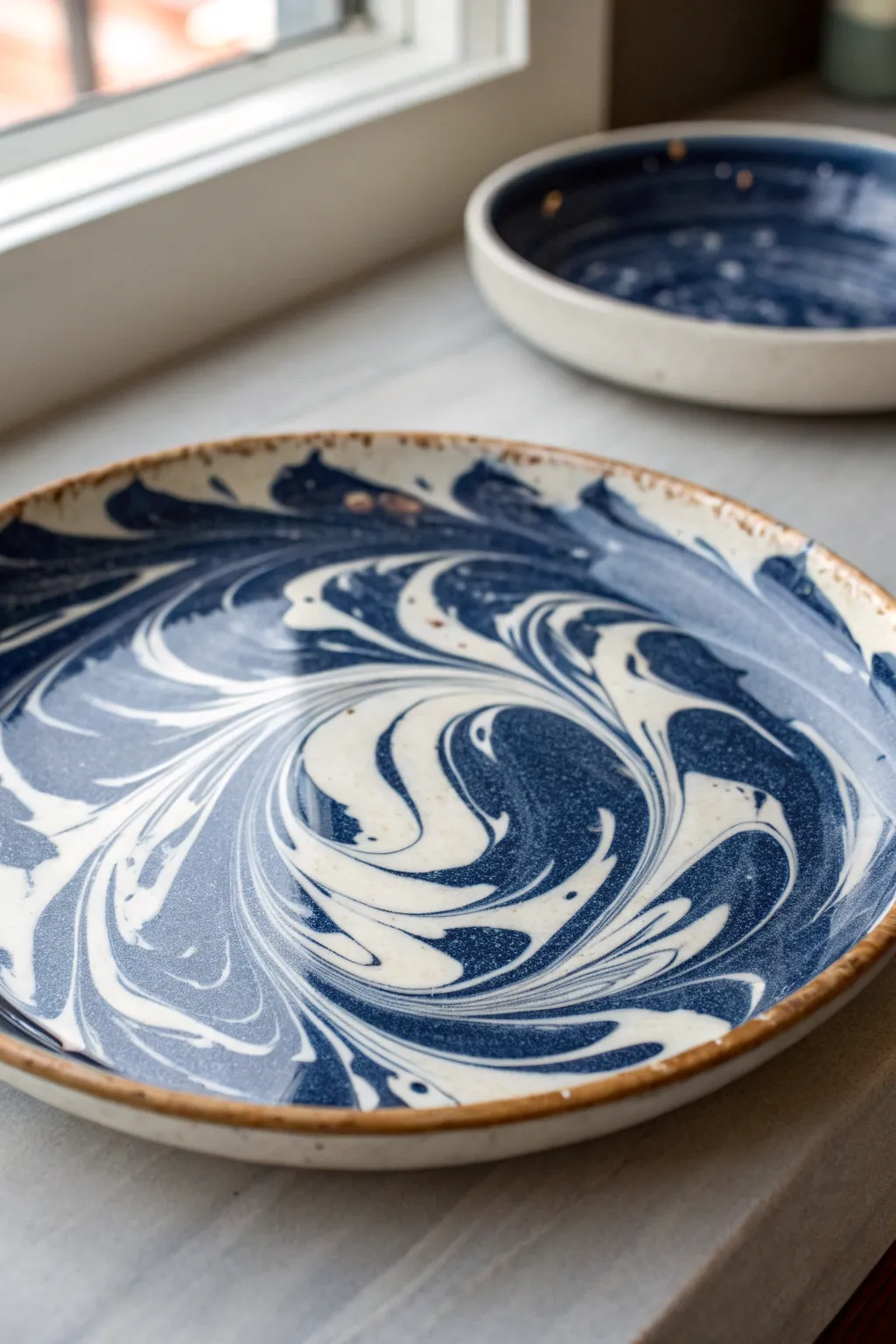 Navy and white marbled swirl plate, simple handmade elegance for modern table styling.