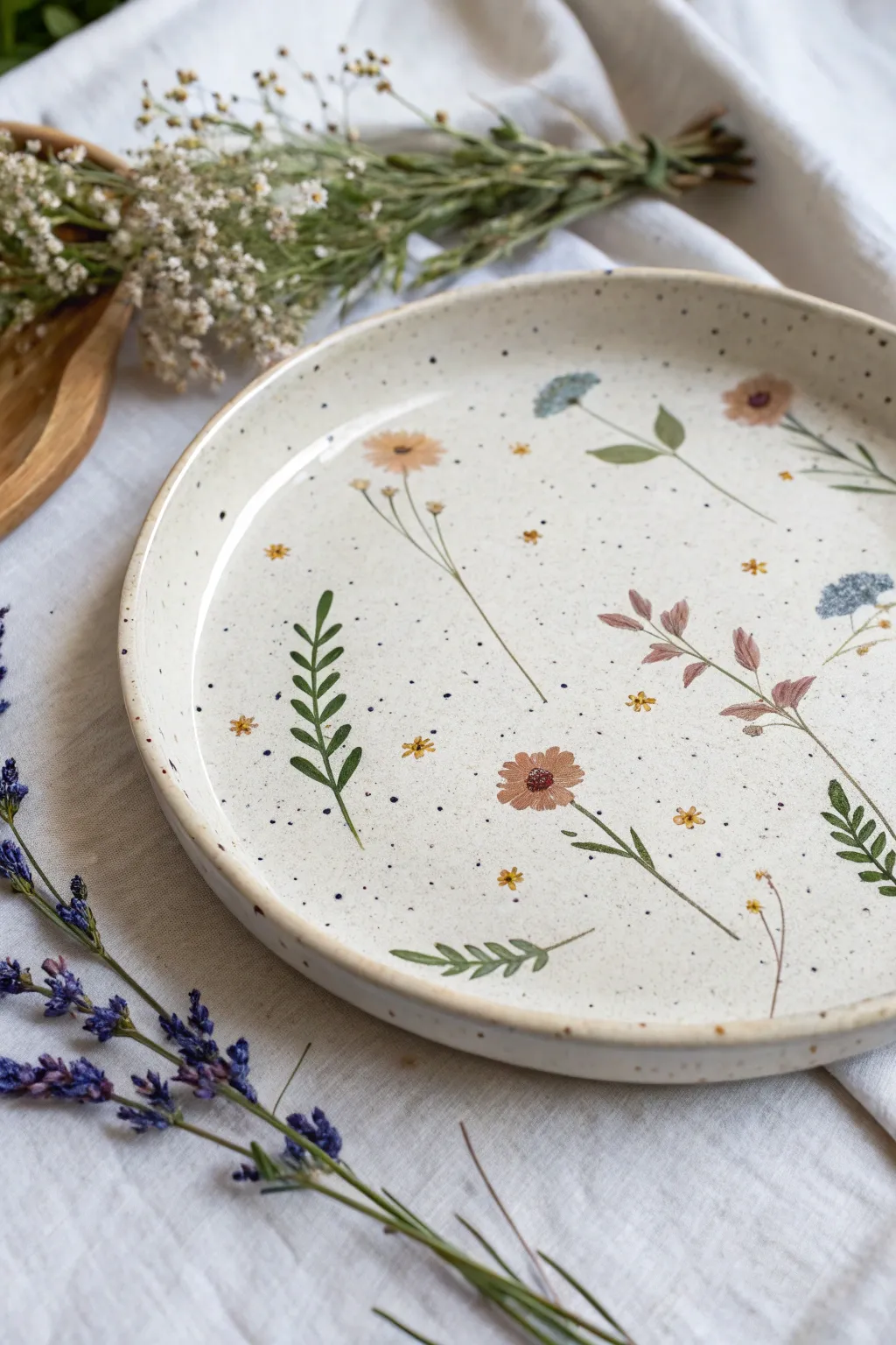 Confetti wildflowers on a minimalist plate, playful scattered petals for easy pottery painting.