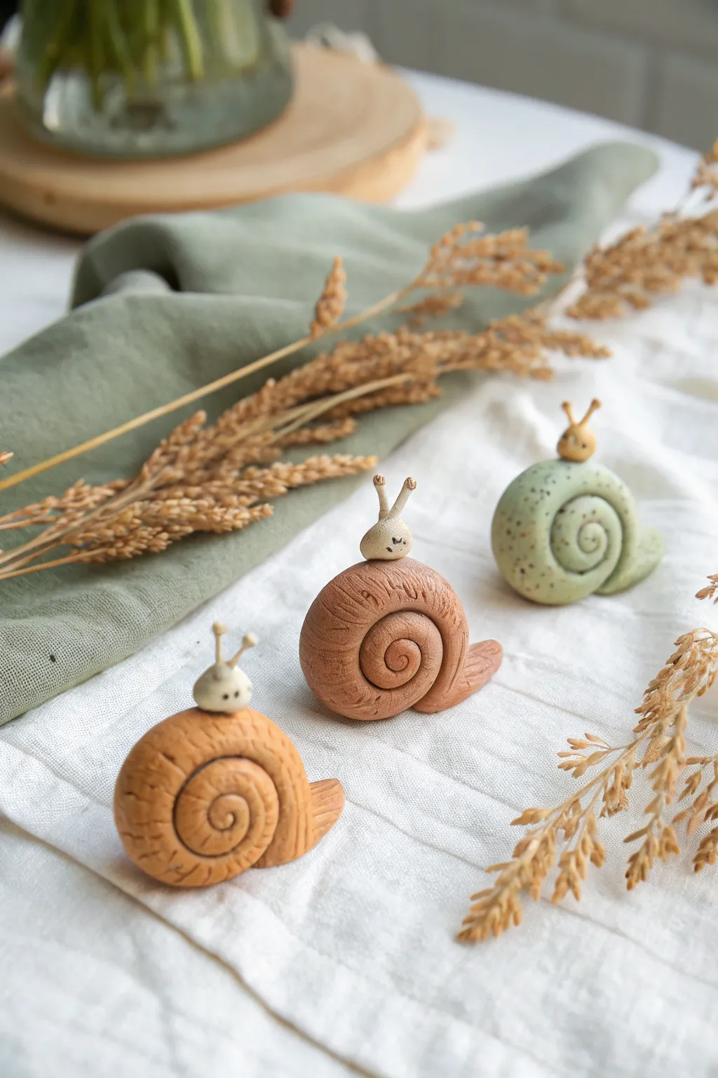 Tiny swirly-shell clay snails in warm earthy tones, styled minimalist with cozy boho charm