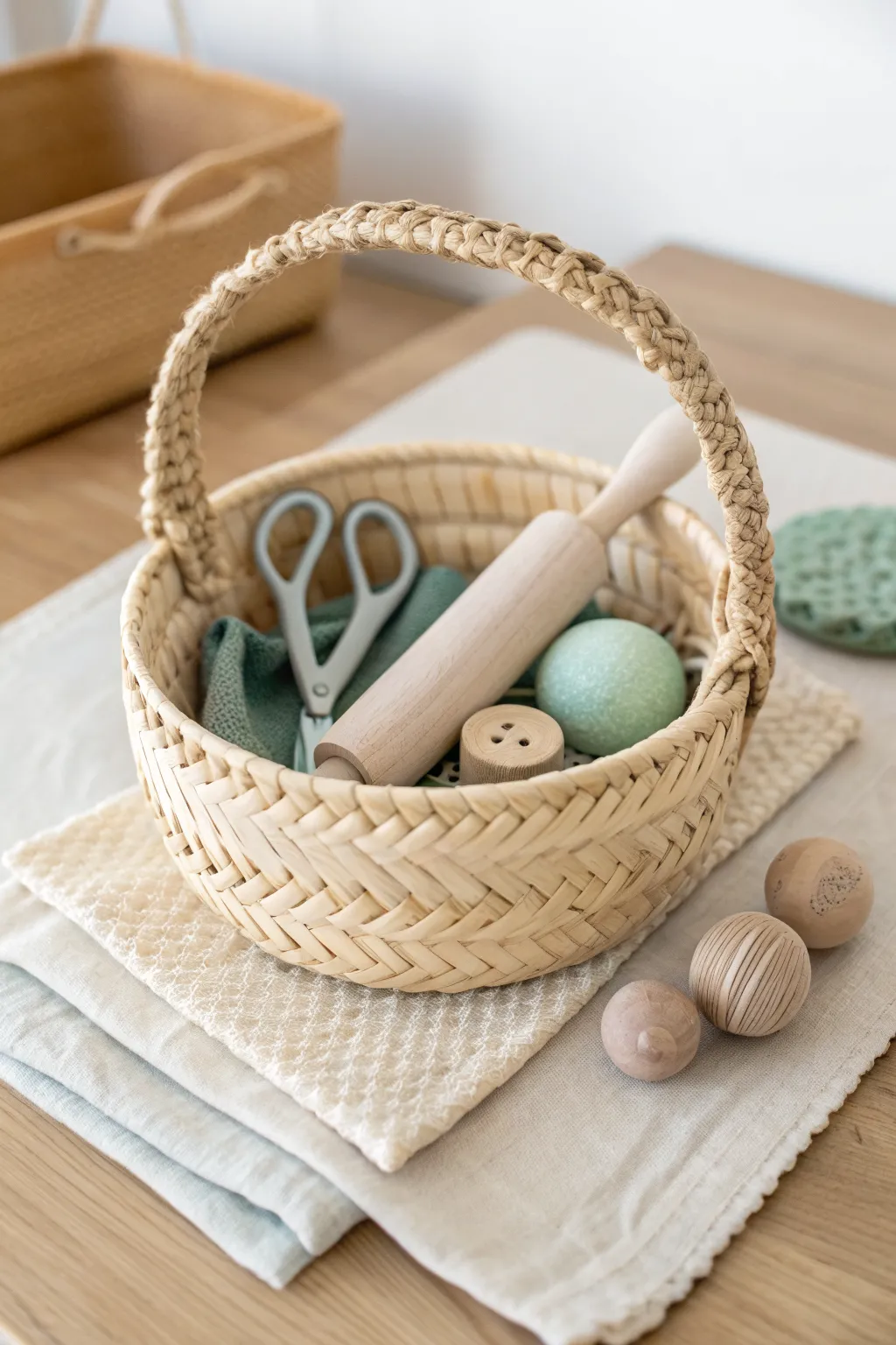 Minimal tool rotation basket keeps playdough time calm, inviting, and clutter free.