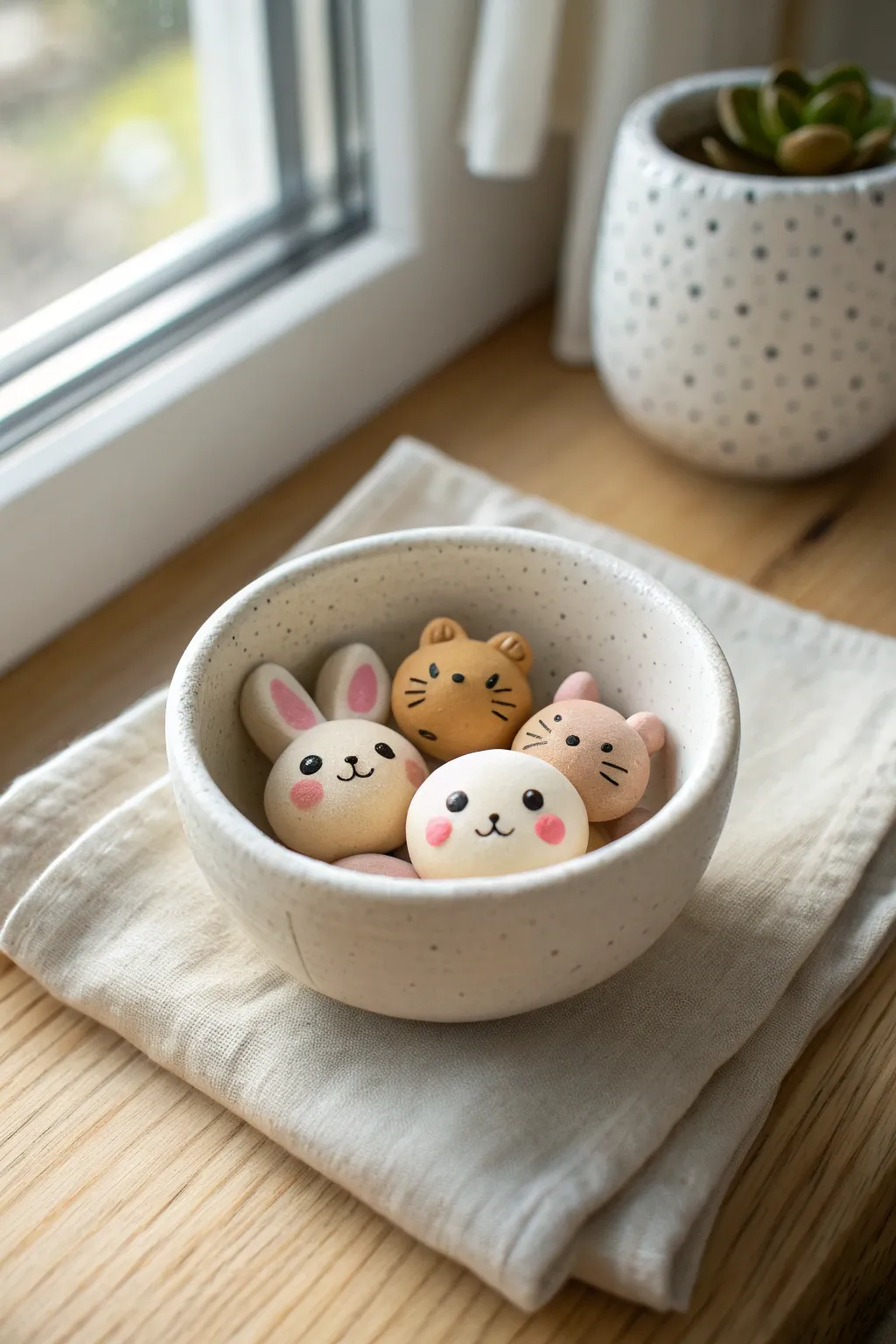 Adorable chibi animal head charms in a handmade bowl, perfect for gifting or swapping.