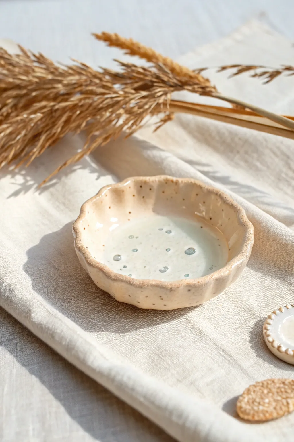 Minimal polymer clay trinket dish with a glossy clear resin pool, calm Nordic-boho vibes