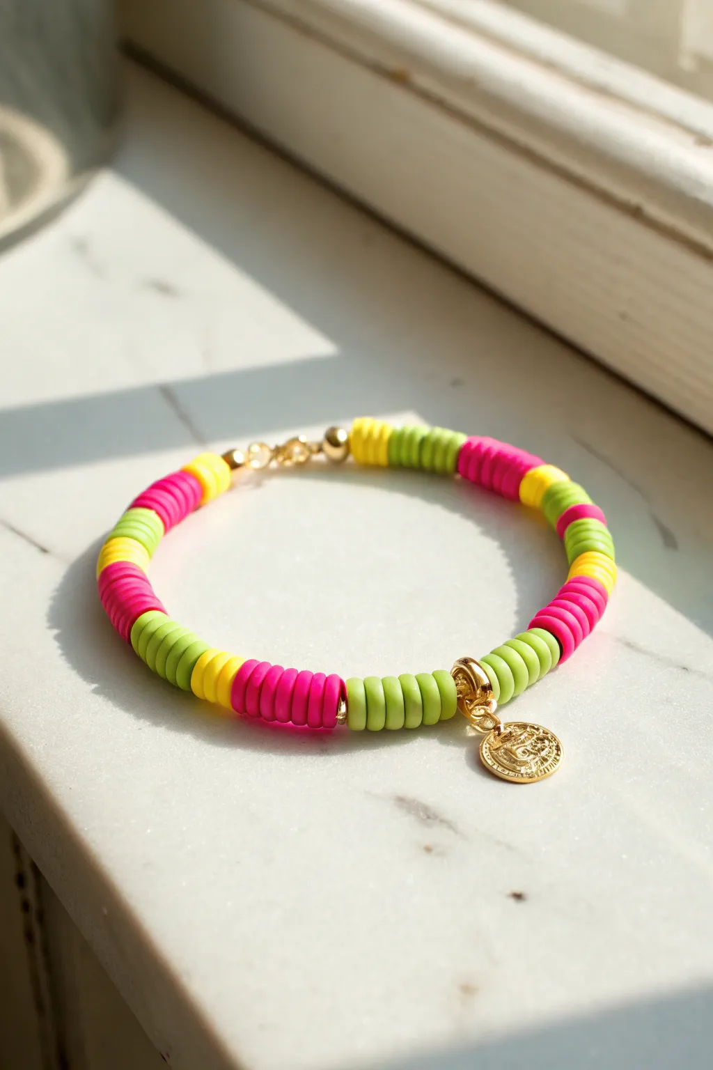Preppy brights meet minimal style: a punchy heishi bracelet finished with one fun charm.