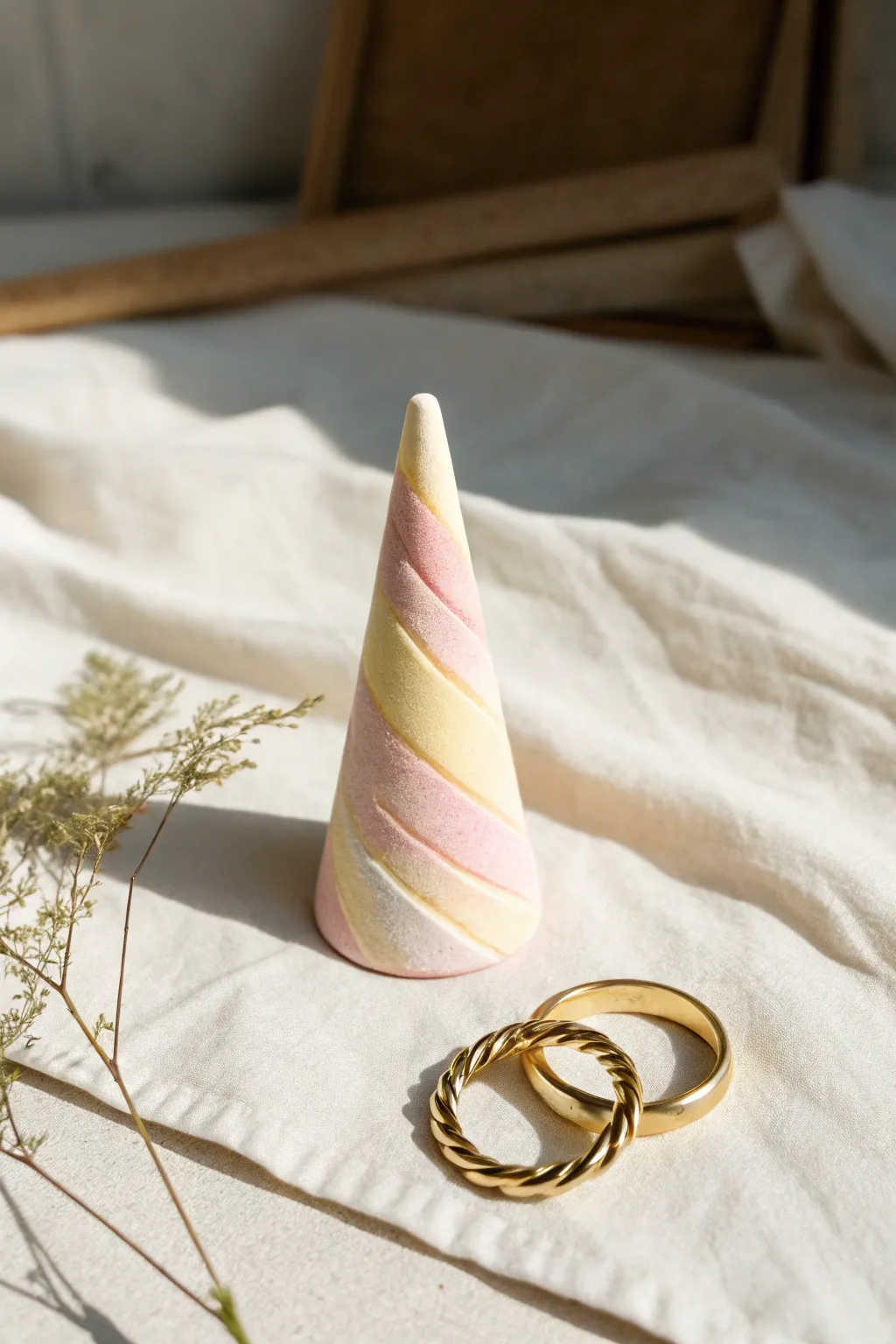 Sweet pastel swirl ring cone in birthday tones, a simple handmade polymer clay gift idea.