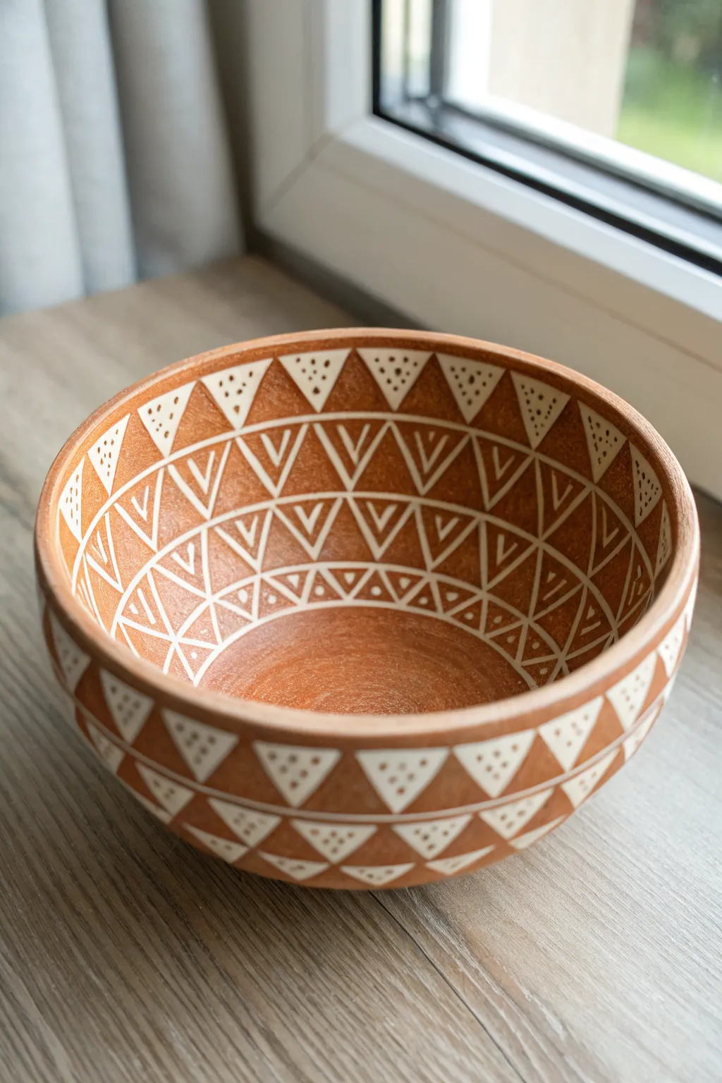 Minimal polymer clay bowl with stamped geometric pattern, soft terracotta and ivory contrast
