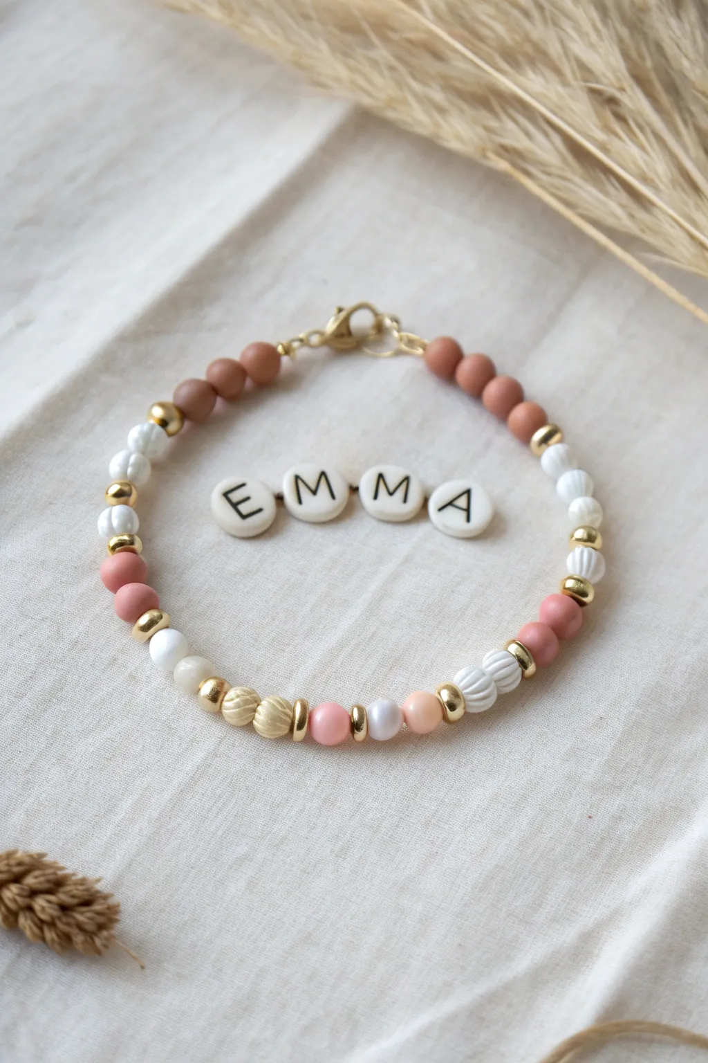 Minimalist polymer clay bracelet with centered letter beads framed by soft neutral heishi discs
