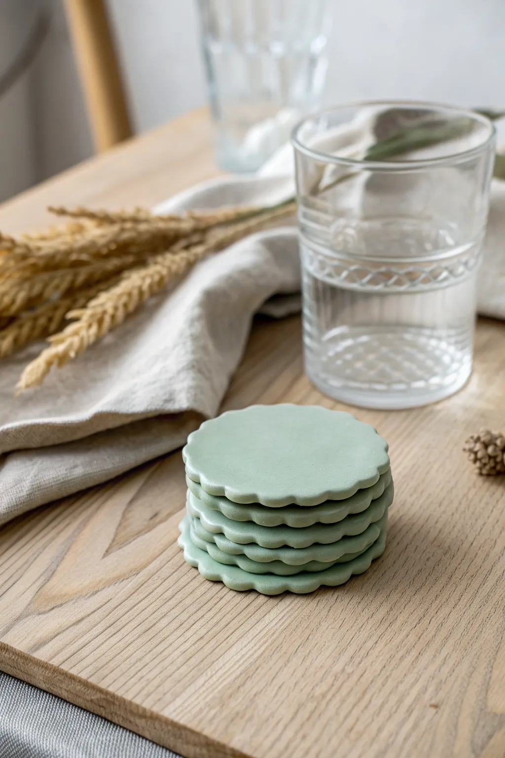 Organic wavy-edge polymer clay coasters in soft sage for a calm, minimalist table setting.