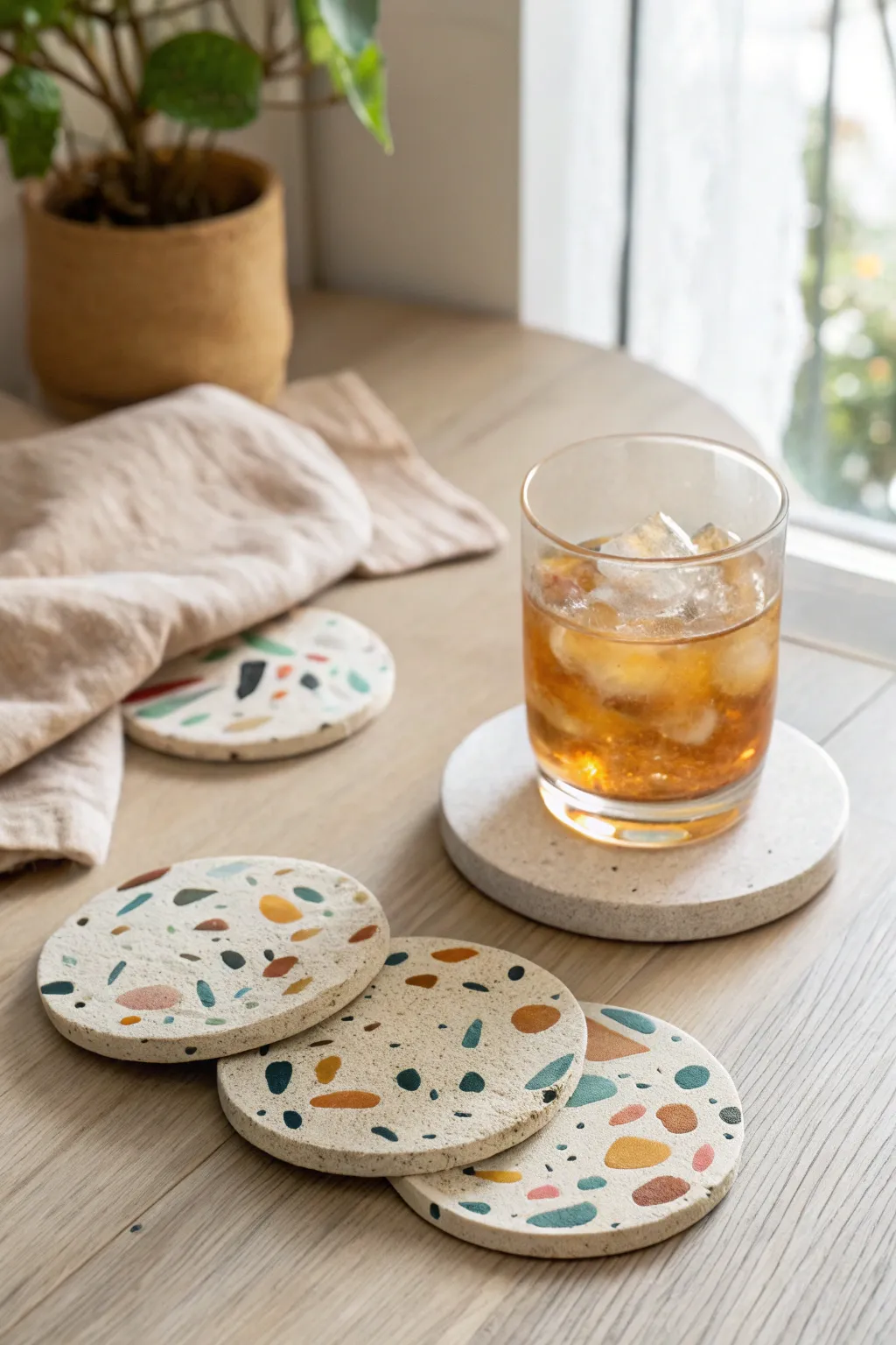 Modern terrazzo speckle polymer clay coasters, stacked and styled with iced tea in soft light.