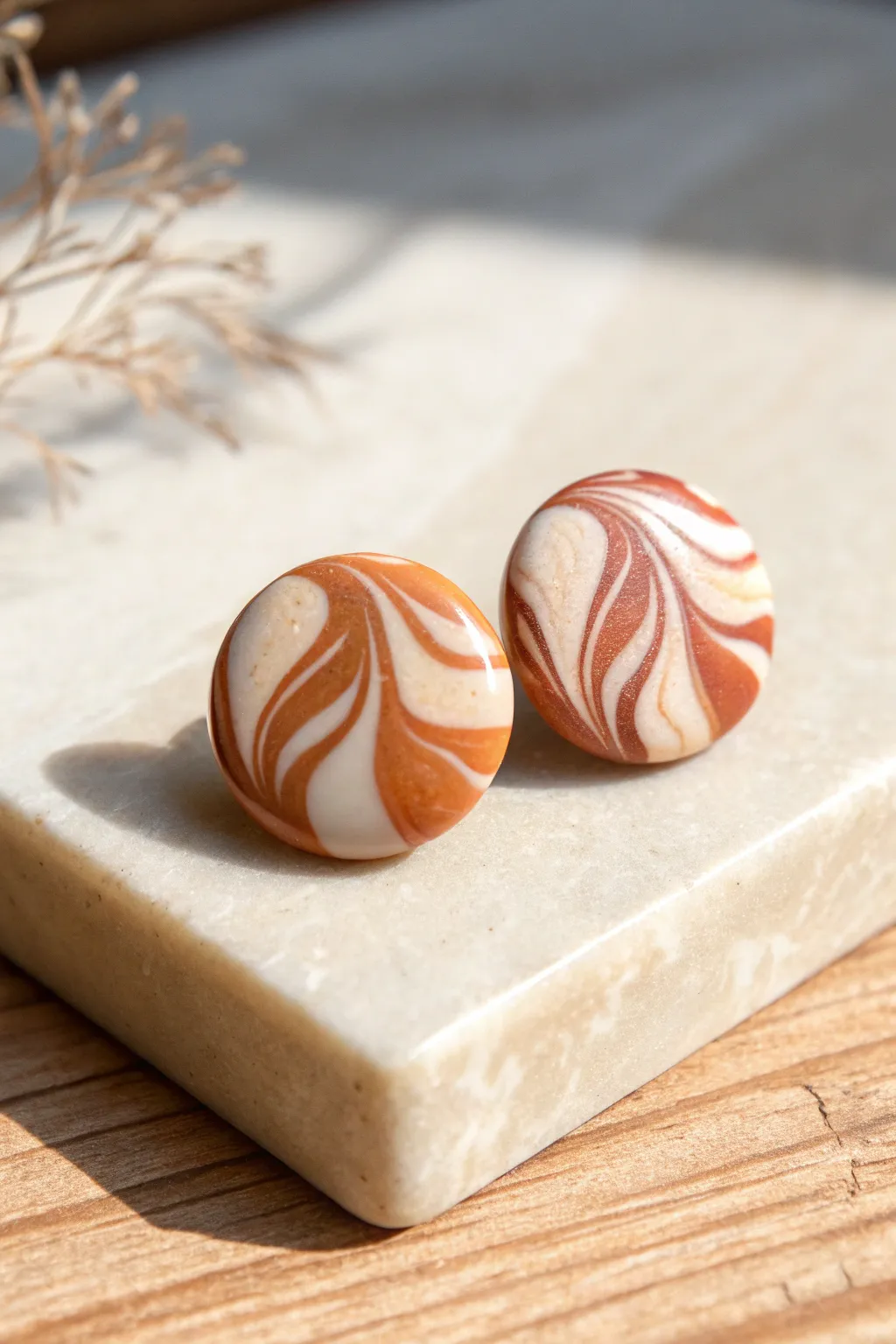 Beginner friendly two color marbled stud earrings, glossy finish, minimal and beautifully handmade.