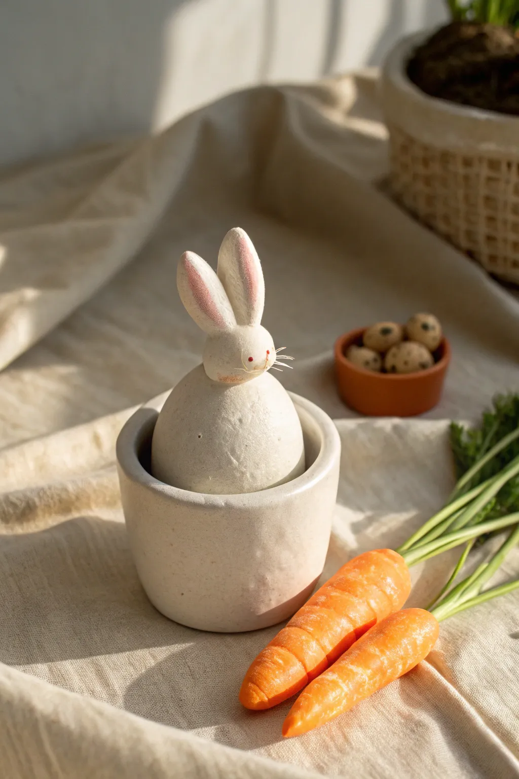 Bottoms-up bunny planter topper in pastel clay, paired with tiny carrots for Easter charm