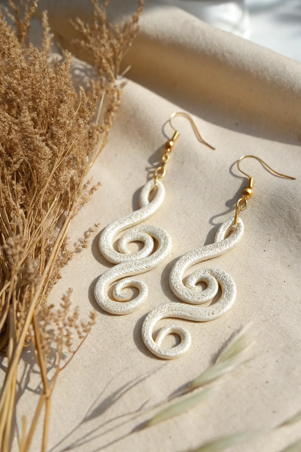 Delicate filigree swirl earrings made from ultra-thin extruded clay lines, clean and minimal.