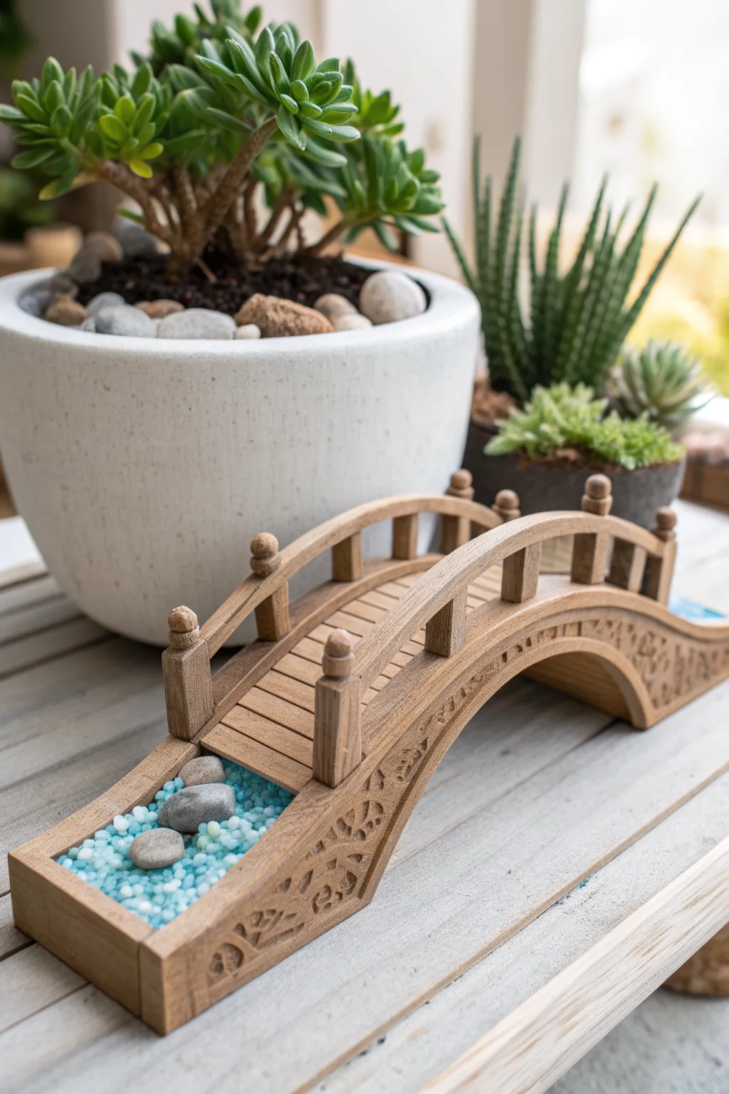 Chunky wood-grain polymer clay arched bridge for a dreamy fairy stream in a simple planter