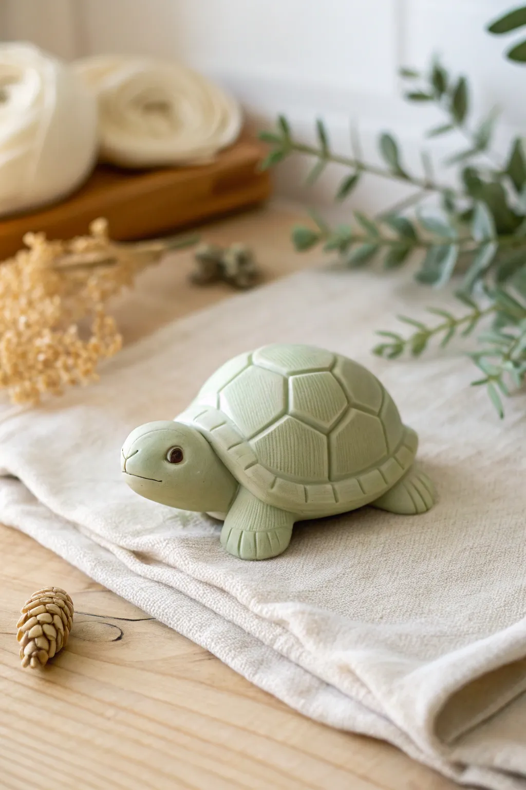 Cute mini polymer clay turtle with a textured hexagon shell, minimalist Scandinavian boho style.