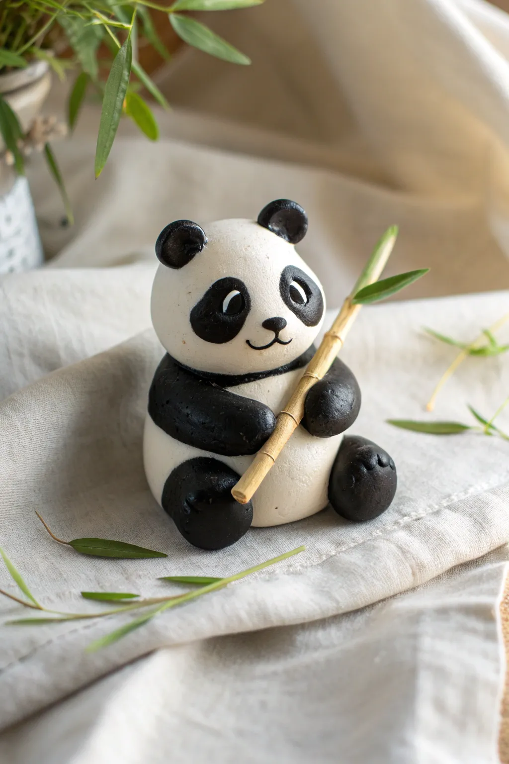 Minimalist polymer clay panda figurine hugging a bamboo snack, smooth matte finish and cute calm face.