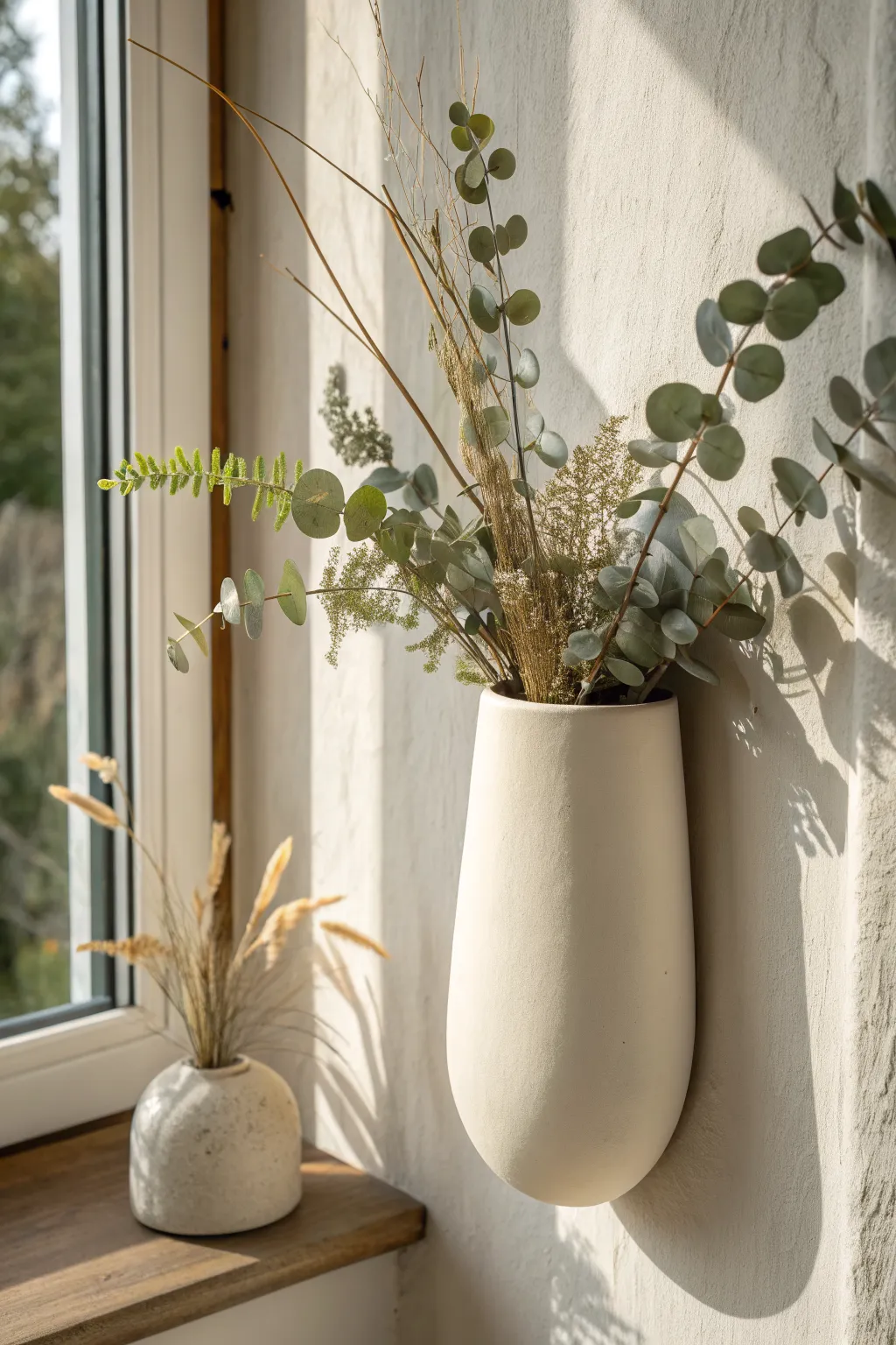 Minimal polymer clay wall pocket vase with airy stems for calm, Scandinavian-inspired decor.