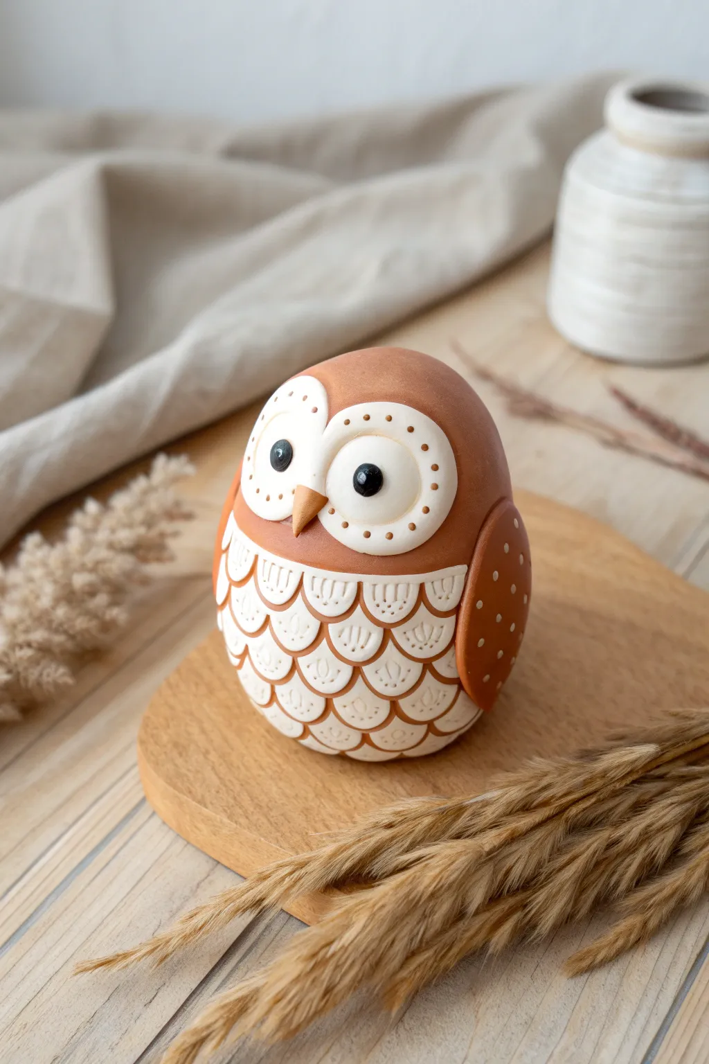 Simple two-shape polymer clay owl in warm neutrals, perfect for beginner animal ideas.