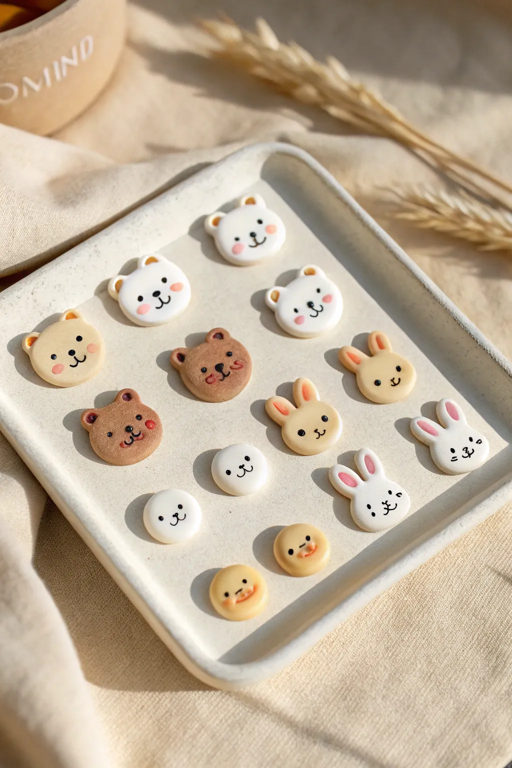 Minimal polymer clay animal studs in a neat grid, soft blush dots, Scandi boho vibe.