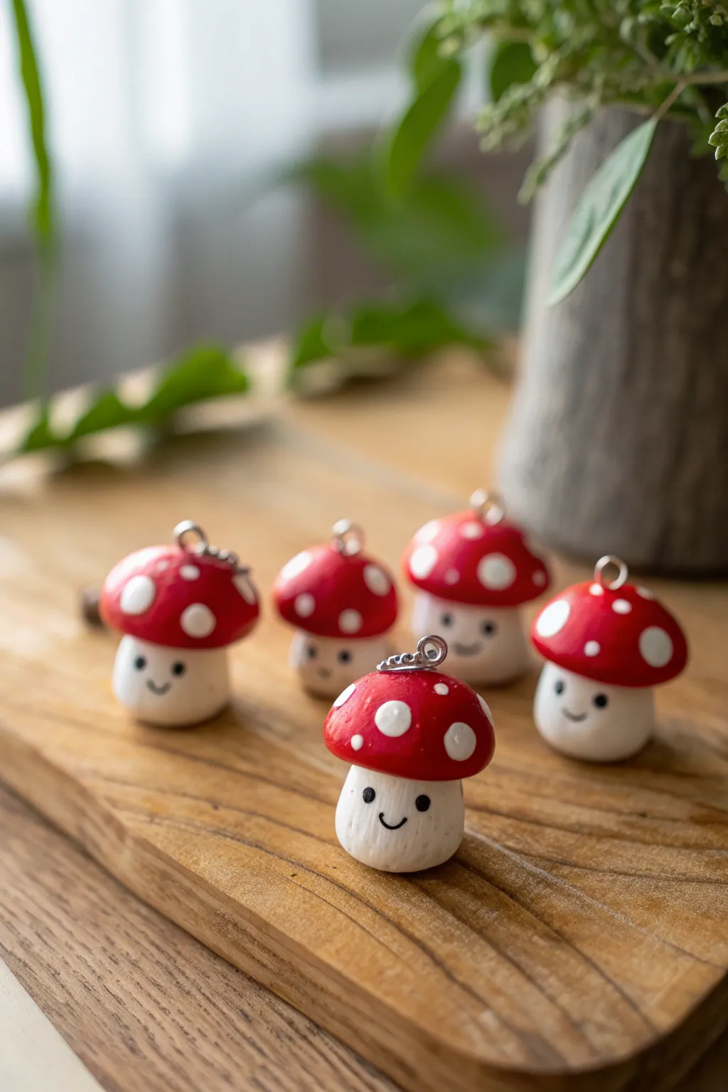 Tiny polymer clay mushroom charms with sweet faces, cozy forest vibes on warm wood.
