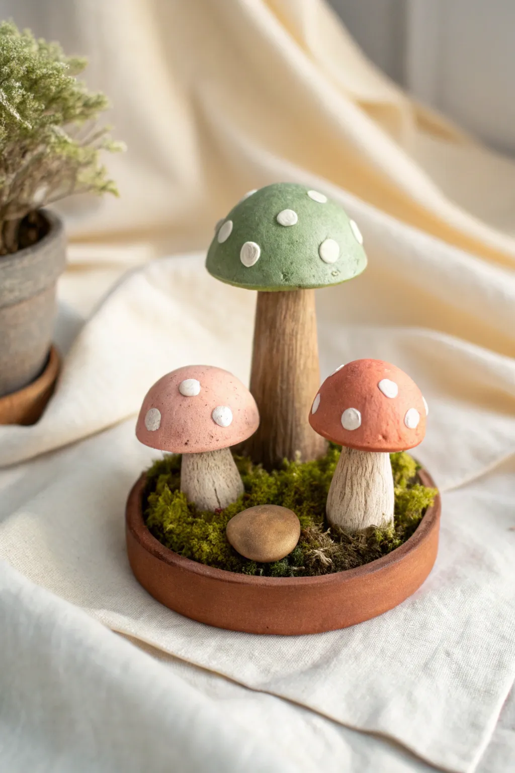 Easy polymer clay mushroom trio in soft boho colors, perfect for a minimalist cottage vibe.