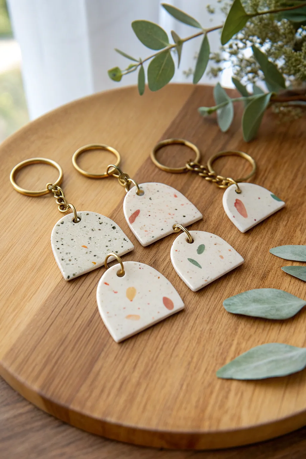 Batch-friendly terrazzo polymer clay keychains in trendy shapes, styled on warm wood.