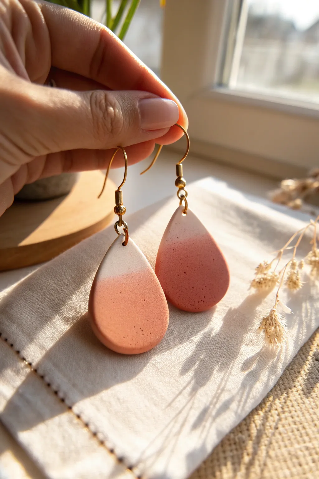 Gradient teardrop polymer clay earrings with a soft ombré blend, minimal, airy, handmade.